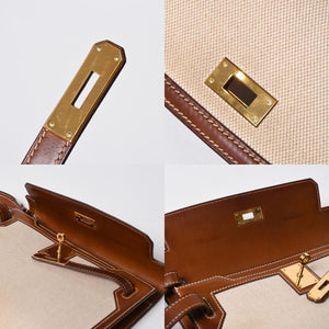 HERMES エルメス ケリー デペッシュ 25 クラッチバッグ ベージュ ブラウン トワルアッシュ バレニア Z刻 2021年製 GD金具 美品 中古 4a007217