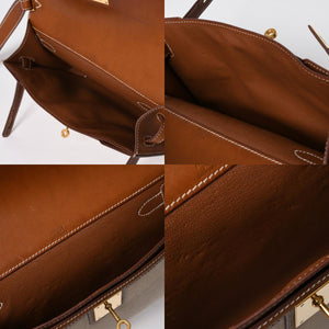HERMES エルメス ケリー デペッシュ 25 クラッチバッグ ベージュ ブラウン トワルアッシュ バレニア Z刻 2021年製 GD金具 美品 中古 4a007217