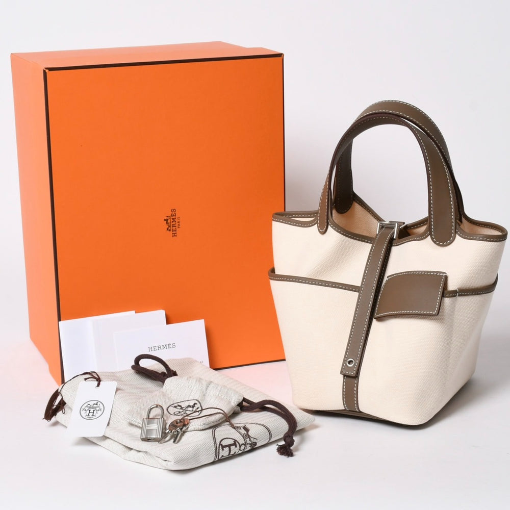 新品未使用 HERMES エルメス ピコタン ロック PM カーゴ ハンドバッグ エトゥープ エクリュ トワルゴエラン SV金具 W刻印 2024年製 中古 4a007220