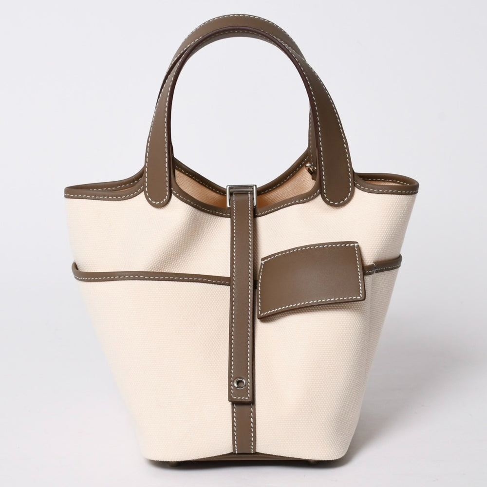 新品未使用 HERMES エルメス ピコタン ロック PM カーゴ ハンドバッグ エトゥープ エクリュ トワルゴエラン SV金具 W刻印 2024年製 中古 4a007220