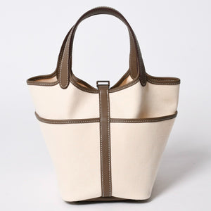 新品未使用 HERMES エルメス ピコタン ロック PM カーゴ ハンドバッグ エトゥープ エクリュ トワルゴエラン SV金具 W刻印 2024年製 中古 4a007220