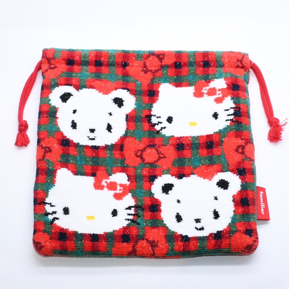 新品未使用 familiar ファミリア × HELLO KITTY ハローキティ 巾着 770347 XF チェック柄 レッド グリーン ホワイト 中古 4a007582