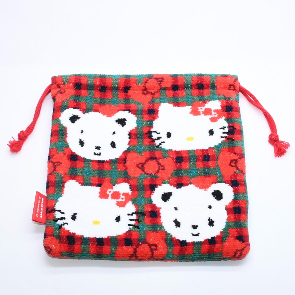 新品未使用 familiar ファミリア × HELLO KITTY ハローキティ 巾着 770347 XF チェック柄 レッド グリーン ホワイト 中古 4a007581