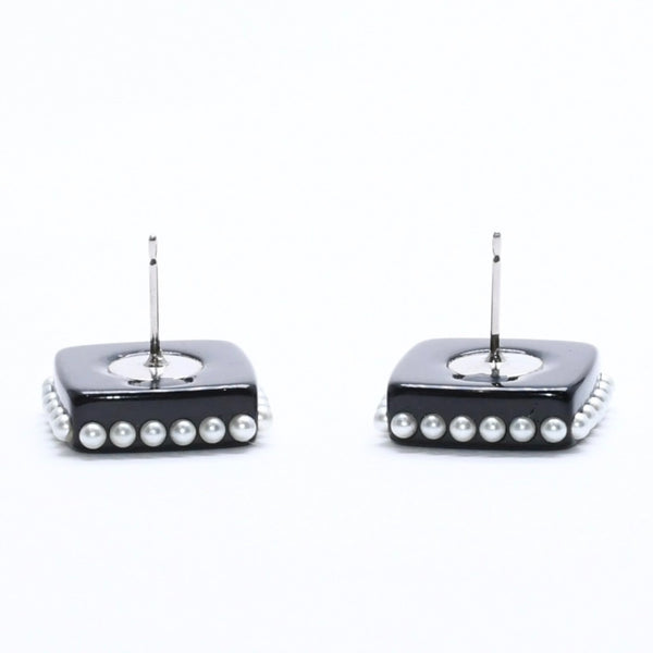 CHANEL シャネル ココマーク スクエア ピアス 重量約3.35g フェイクパール ブラック 樹脂系 両耳用 美品 中古 4a007539