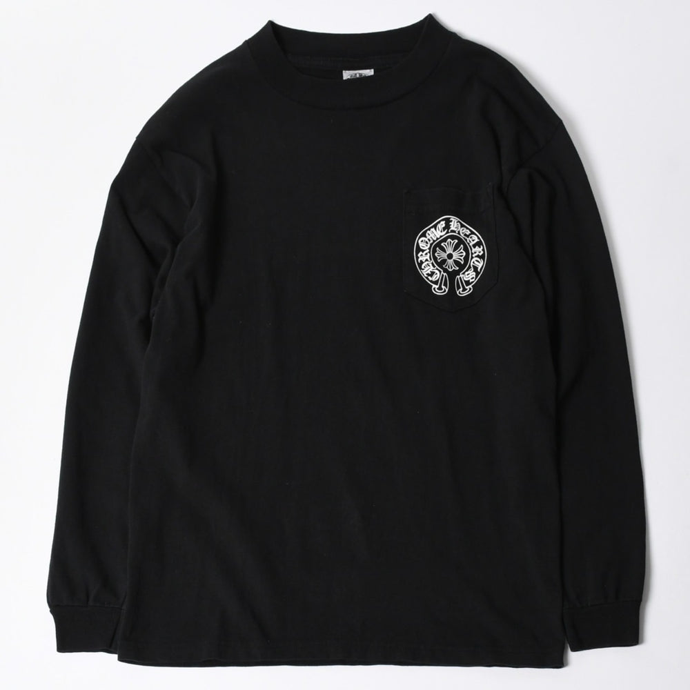 極美品 CHROME HEARTS クロムハーツ オールド 長袖Tシャツ サイズM フローラルクロス ホースシュー ニューヨーク限定 ブラック 中古 4a007292