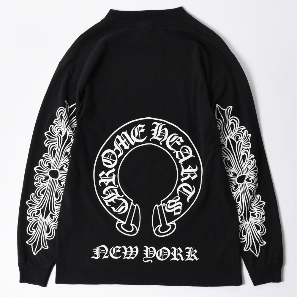 極美品 CHROME HEARTS クロムハーツ オールド 長袖Tシャツ サイズM フローラルクロス ホースシュー ニューヨーク限定 ブラック 中古 4a007292