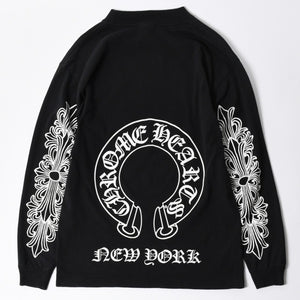 極美品 CHROME HEARTS クロムハーツ オールド 長袖Tシャツ サイズM フローラルクロス ホースシュー ニューヨーク限定 ブラック 中古 4a007292