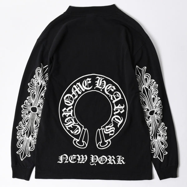 極美品 CHROME HEARTS クロムハーツ オールド 長袖Tシャツ サイズM フローラルクロス ホースシュー ニューヨーク限定 ブラック 中古 4a007292