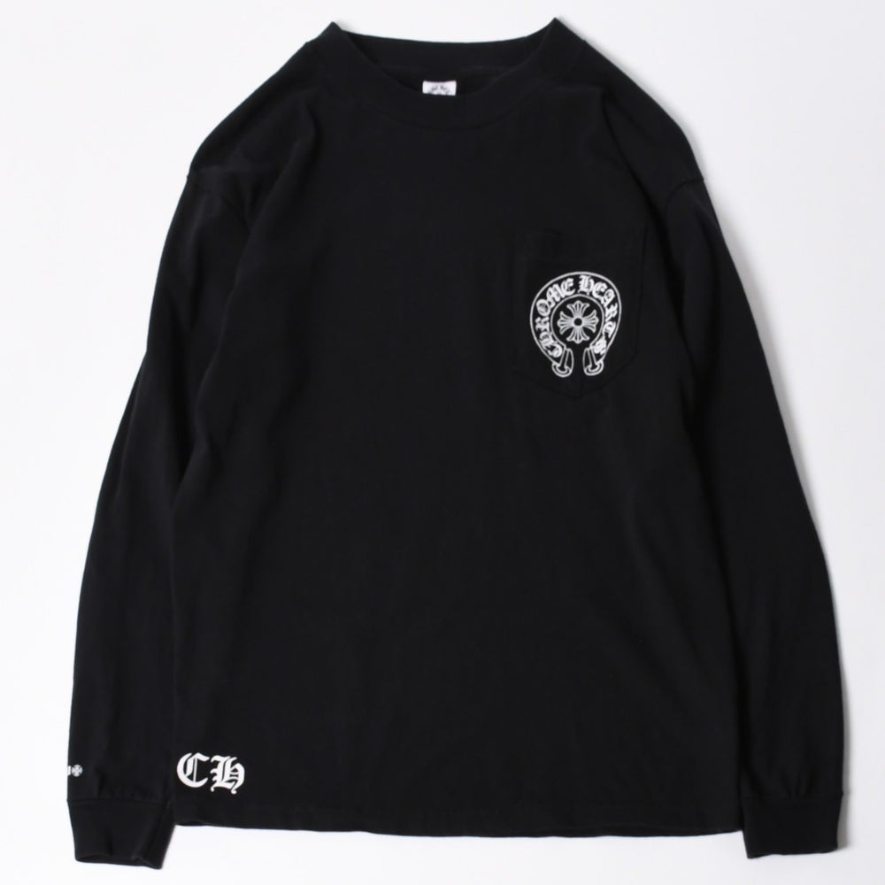 極美品 CHROME HEARTS クロムハーツ 長袖Tシャツ サイズM フローラルクロス ホースシュー ラスベガス限定 ブラック 中古 4a007293