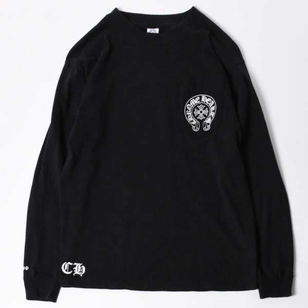 極美品 CHROME HEARTS クロムハーツ 長袖Tシャツ サイズM フローラルクロス ホースシュー ラスベガス限定 ブラック 中古 4a007293