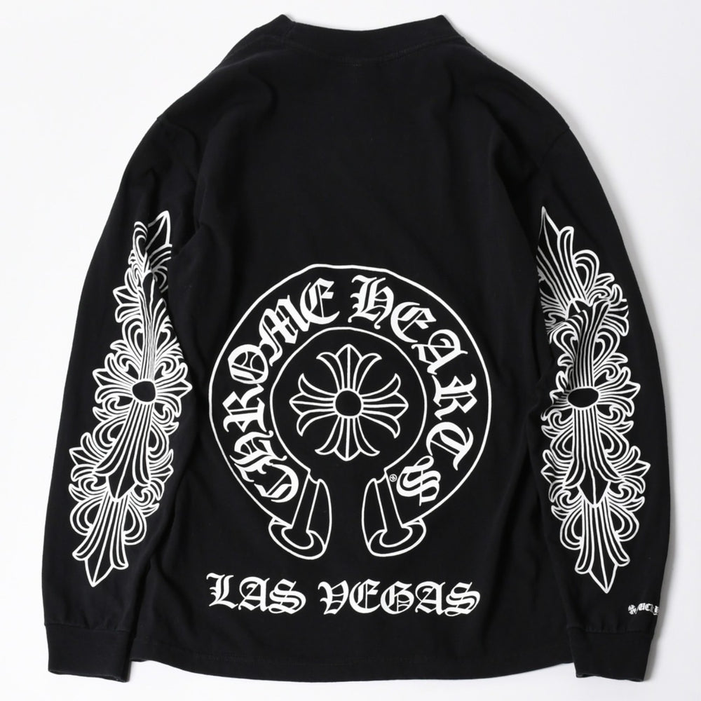 極美品 CHROME HEARTS クロムハーツ 長袖Tシャツ サイズM フローラルクロス ホースシュー ラスベガス限定 ブラック 中古 4a007293