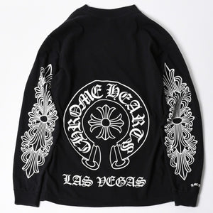 極美品 CHROME HEARTS クロムハーツ 長袖Tシャツ サイズM フローラルクロス ホースシュー ラスベガス限定 ブラック 中古 4a007293