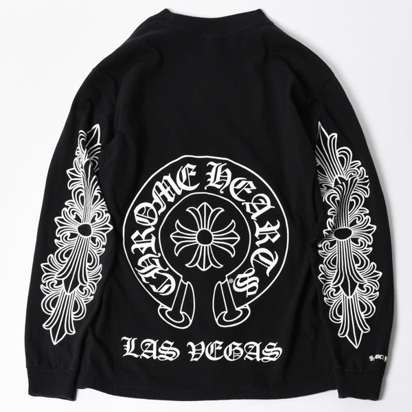 極美品 CHROME HEARTS クロムハーツ 長袖Tシャツ サイズM フローラルクロス ホースシュー ラスベガス限定 ブラック 中古 4a007293