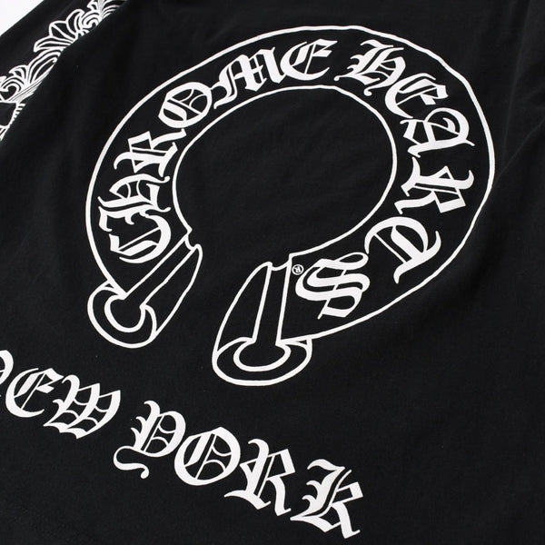 極美品 CHROME HEARTS クロムハーツ オールド 長袖Tシャツ サイズM フローラルクロス ホースシュー ニューヨーク限定 ブラック 中古 4a007292