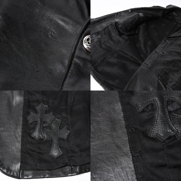 CHROME HEARTS クロムハーツ シングル レザーテーラードジャケット サイズS セメタリークロスパッチ 4パッチ フローラルボタン 美品 中古 4a007534