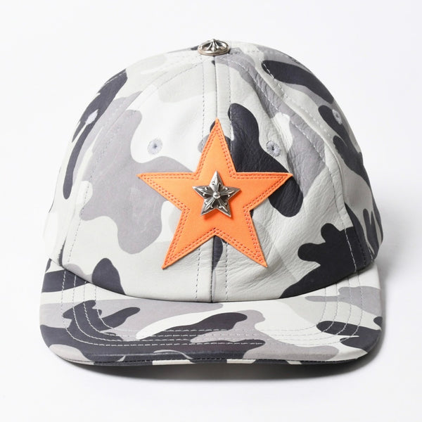 極美品 CHROME HEARTS クロムハーツ レザートラッカーキャップ ONE SIZE 51-61 カモフラージュ スターレザーパッチ スター装飾 中古 4a007503