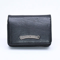 極美品 CHROME HEARTS クロムハーツ 3ポケット レザー カードケース スクロールラベル ブラックレザー シルバー925 中古 4a007341
