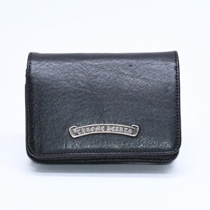 極美品 CHROME HEARTS クロムハーツ 3ポケット レザー カードケース スクロールラベル ブラックレザー シルバー925 中古 4a007341