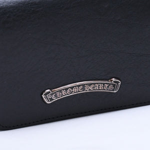 極美品 CHROME HEARTS クロムハーツ 3ポケット レザー カードケース スクロールラベル ブラックレザー シルバー925 中古 4a007341