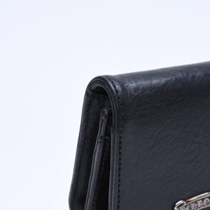 極美品 CHROME HEARTS クロムハーツ 3ポケット レザー カードケース スクロールラベル ブラックレザー シルバー925 中古 4a007341