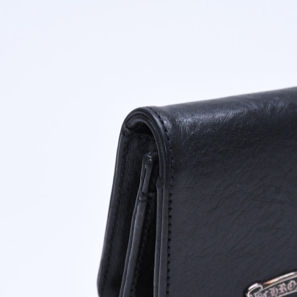 極美品 CHROME HEARTS クロムハーツ 3ポケット レザー カードケース スクロールラベル ブラックレザー シルバー925 中古 4a007341