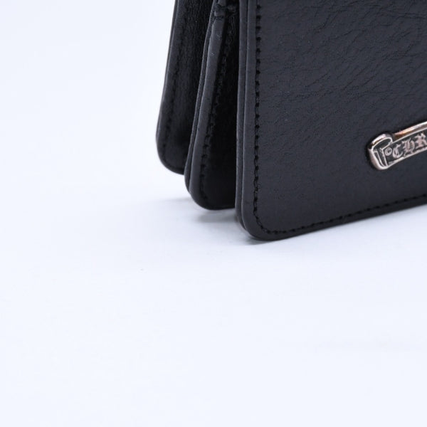 極美品 CHROME HEARTS クロムハーツ 3ポケット レザー カードケース スクロールラベル ブラックレザー シルバー925 中古 4a007341
