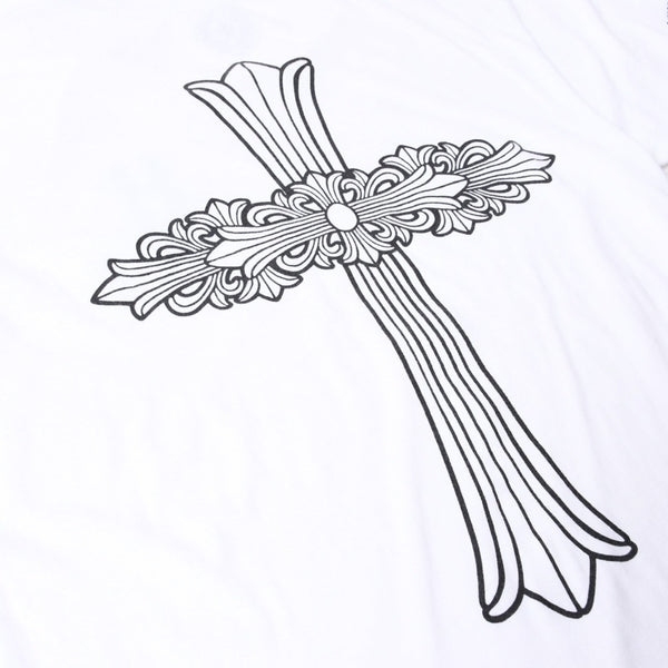 極美品 CHROME HEARTS クロムハーツ 半袖Tシャツ サイズL フローラルクロス プリント ホワイト ブラック 中古 4a007556