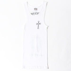 極美品 CHROME HEARTS クロムハーツ オールド タンクトップ サイズS FUCK YOU CHクロス LA限定 ホワイト 中古 4a007550