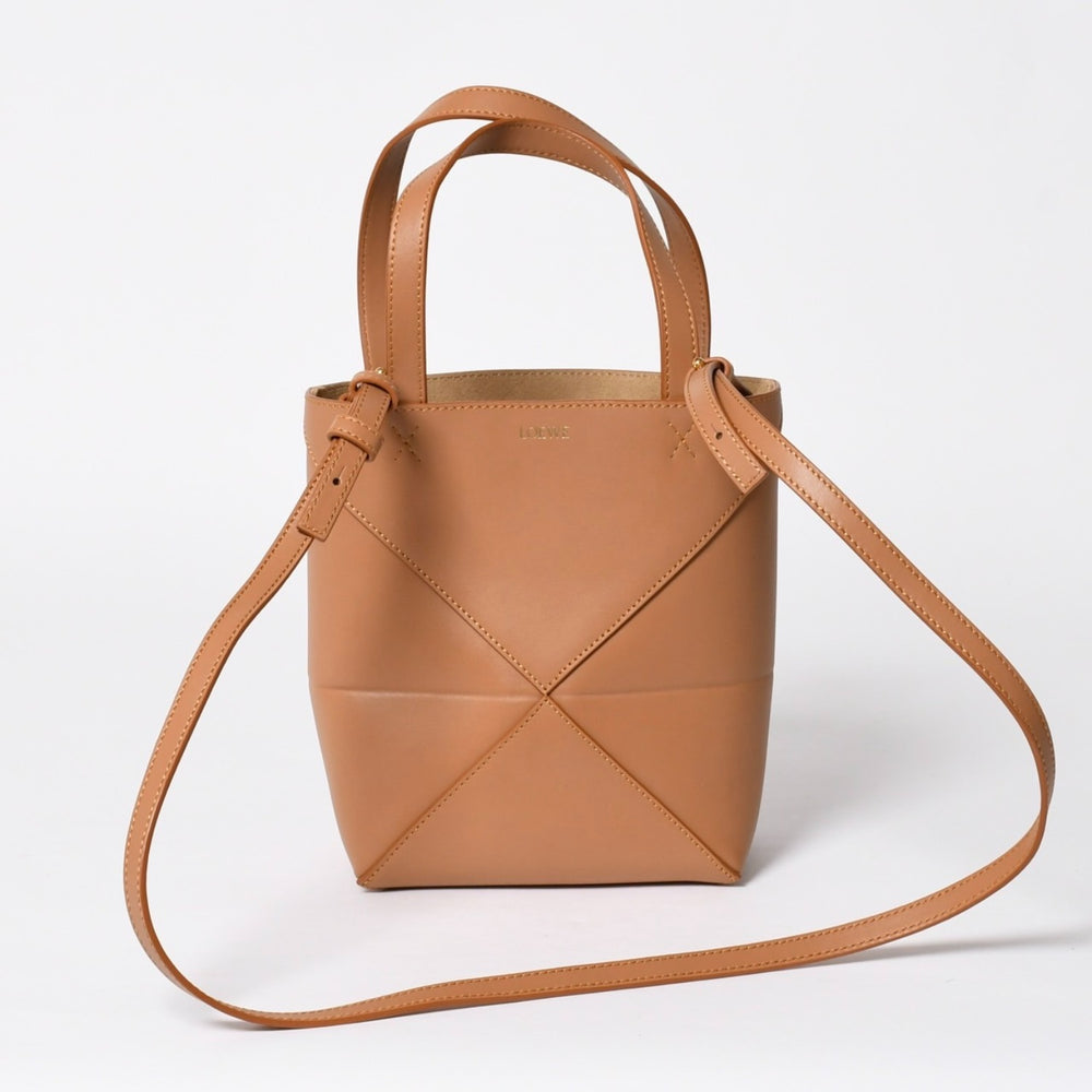 新品同様 LOEWE ロエベ パズルフォルドトート ミニ ハンドバッグ シャイニーカーフ キャメル ゴールド金具 中古 4a008861