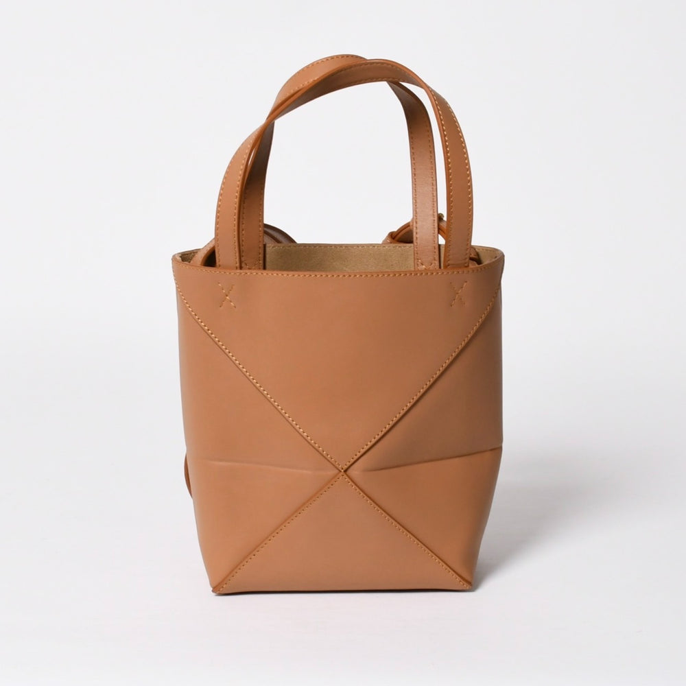 新品同様 LOEWE ロエベ パズルフォルドトート ミニ ハンドバッグ シャイニーカーフ キャメル ゴールド金具 中古 4a008861
