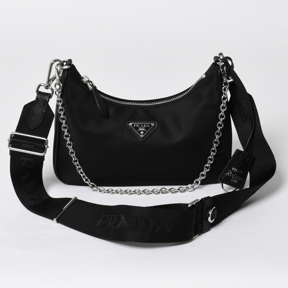 極美品 PRADA プラダ ホーボー ワンショルダーバッグ 1BH204 トライアングルロゴ 三角ロゴプレート ナイロン ブラック 中古 4a008862
