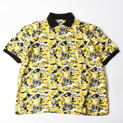 極美品 A BATHING APE アベイシングエイプ ハイビスカス 総柄 半袖 ポロシャツ コットン イエロー ブラック ホワイト サイズXL 中古 4a007405