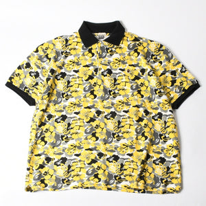 極美品 A BATHING APE アベイシングエイプ ハイビスカス 総柄 半袖 ポロシャツ コットン イエロー ブラック ホワイト サイズXL 中古 4a007405
