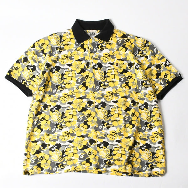 極美品 A BATHING APE アベイシングエイプ ハイビスカス 総柄 半袖 ポロシャツ コットン イエロー ブラック ホワイト サイズXL 中古 4a007405