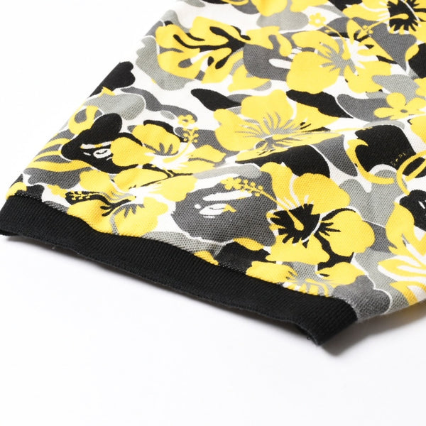 極美品 A BATHING APE アベイシングエイプ ハイビスカス 総柄 半袖 ポロシャツ コットン イエロー ブラック ホワイト サイズXL 中古 4a007405