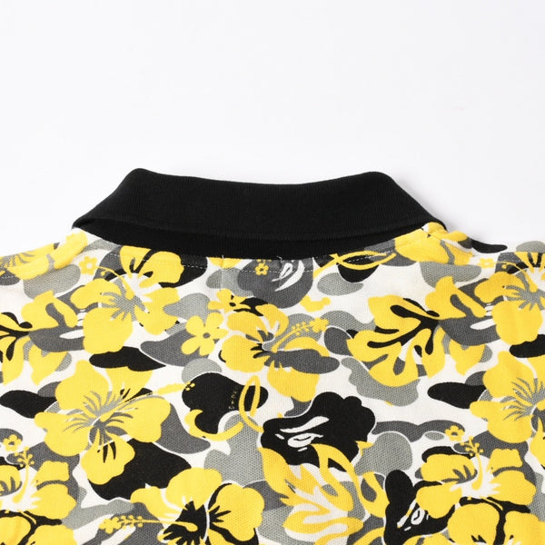 極美品 A BATHING APE アベイシングエイプ ハイビスカス 総柄 半袖 ポロシャツ コットン イエロー ブラック ホワイト サイズXL 中古 4a007405