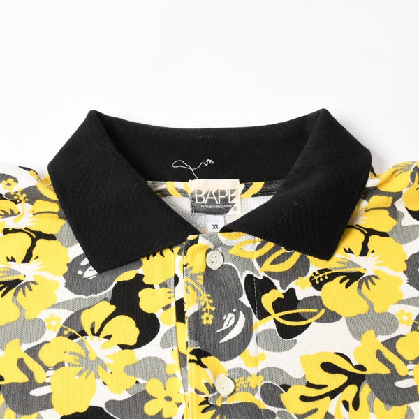 極美品 A BATHING APE アベイシングエイプ ハイビスカス 総柄 半袖 ポロシャツ コットン イエロー ブラック ホワイト サイズXL 中古 4a007405