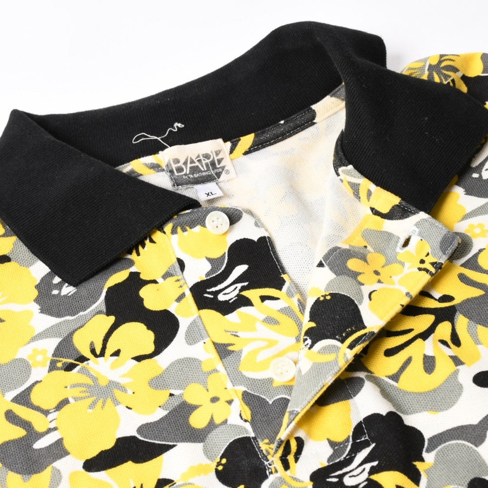 極美品 A BATHING APE アベイシングエイプ ハイビスカス 総柄 半袖 ポロシャツ コットン イエロー ブラック ホワイト サイズXL 中古 4a007405