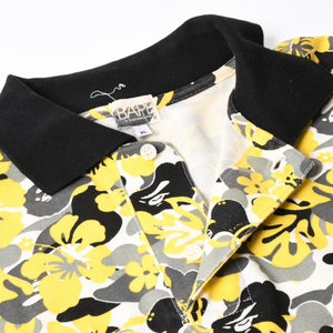 極美品 A BATHING APE アベイシングエイプ ハイビスカス 総柄 半袖 ポロシャツ コットン イエロー ブラック ホワイト サイズXL 中古 4a007405