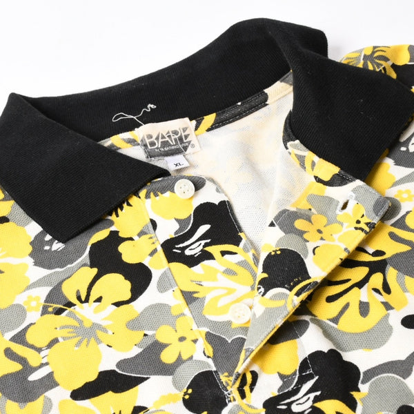 極美品 A BATHING APE アベイシングエイプ ハイビスカス 総柄 半袖 ポロシャツ コットン イエロー ブラック ホワイト サイズXL 中古 4a007405