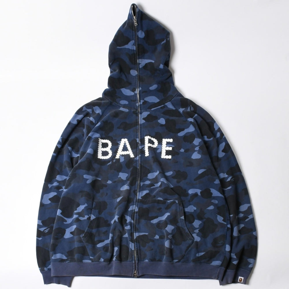 A BATHING APE アベイシングエイプ BAPE カモ 総柄フルジップパーカー ラインストーン コットン ブルー サイズXXL 美品 中古 4a007378