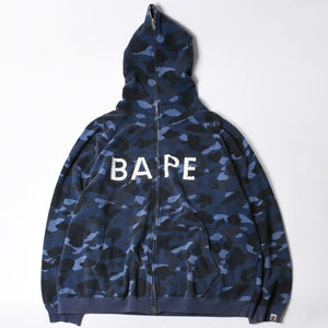 A BATHING APE アベイシングエイプ BAPE カモ 総柄フルジップパーカー ラインストーン コットン ブルー サイズXXL 美品 中古 4a007378