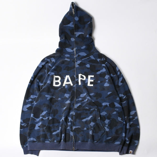 A BATHING APE アベイシングエイプ BAPE カモ 総柄フルジップパーカー ラインストーン コットン ブルー サイズXXL 美品 中古 4a007378