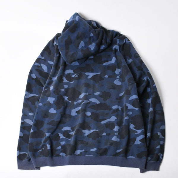 A BATHING APE アベイシングエイプ BAPE カモ 総柄フルジップパーカー ラインストーン コットン ブルー サイズXXL 美品 中古 4a007378