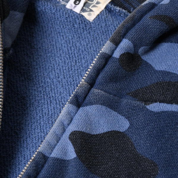 A BATHING APE アベイシングエイプ BAPE カモ 総柄フルジップパーカー ラインストーン コットン ブルー サイズXXL 美品 中古 4a007378