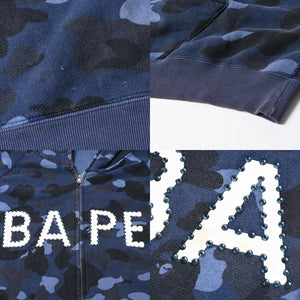 A BATHING APE アベイシングエイプ BAPE カモ 総柄フルジップパーカー ラインストーン コットン ブルー サイズXXL 美品 中古 4a007378