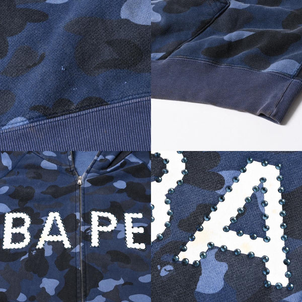 A BATHING APE アベイシングエイプ BAPE カモ 総柄フルジップパーカー ラインストーン コットン ブルー サイズXXL 美品 中古 4a007378