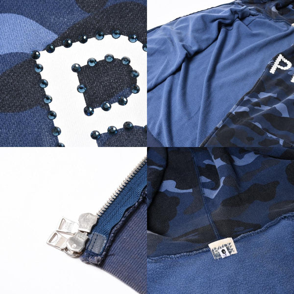 A BATHING APE アベイシングエイプ BAPE カモ 総柄フルジップパーカー ラインストーン コットン ブルー サイズXXL 美品 中古 4a007378