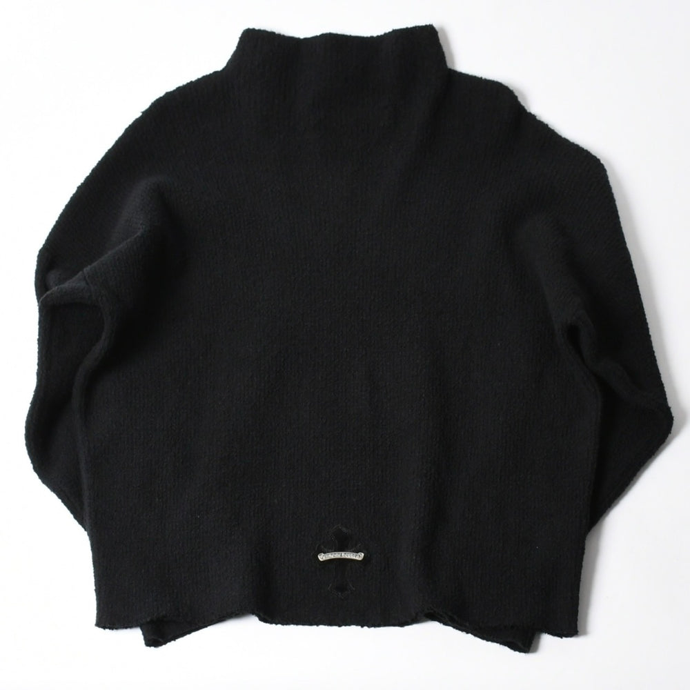 極美品 CHROME HEARTS クロムハーツ ハラコクロスパッチ ハイネック ニットセーター ブラック シルバー金具 サイズS 中古 4a007233
