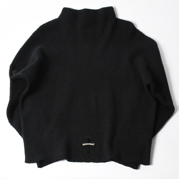 極美品 CHROME HEARTS クロムハーツ ハラコクロスパッチ ハイネック ニットセーター ブラック シルバー金具 サイズS 中古 4a007233